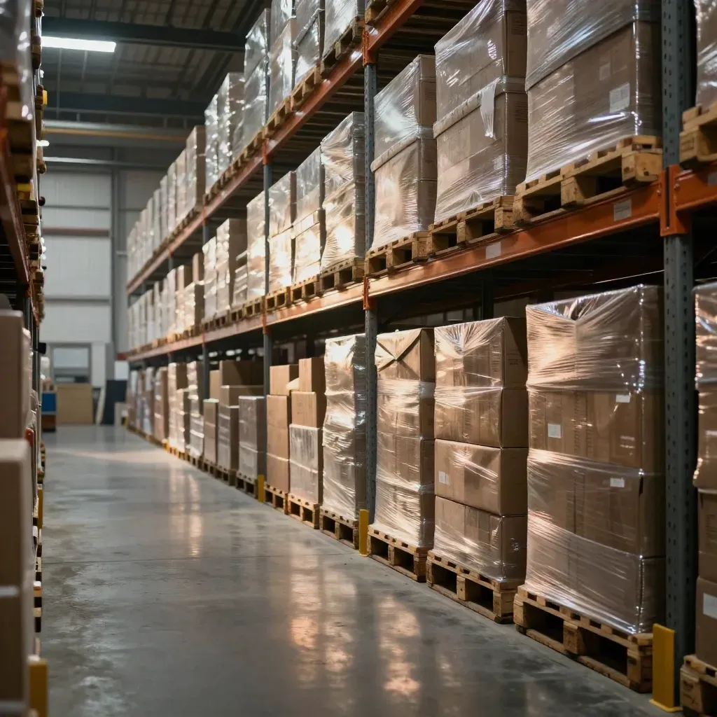 Diepe magazijngang met volle stellingen, gestapelde dozen en palletten in warm avondlicht.