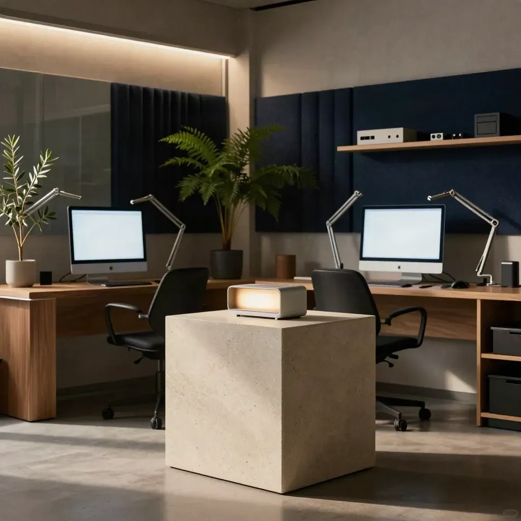 Compacte softwarestudio met werkplekken, planten en verlichte productzuil in warm daglicht.