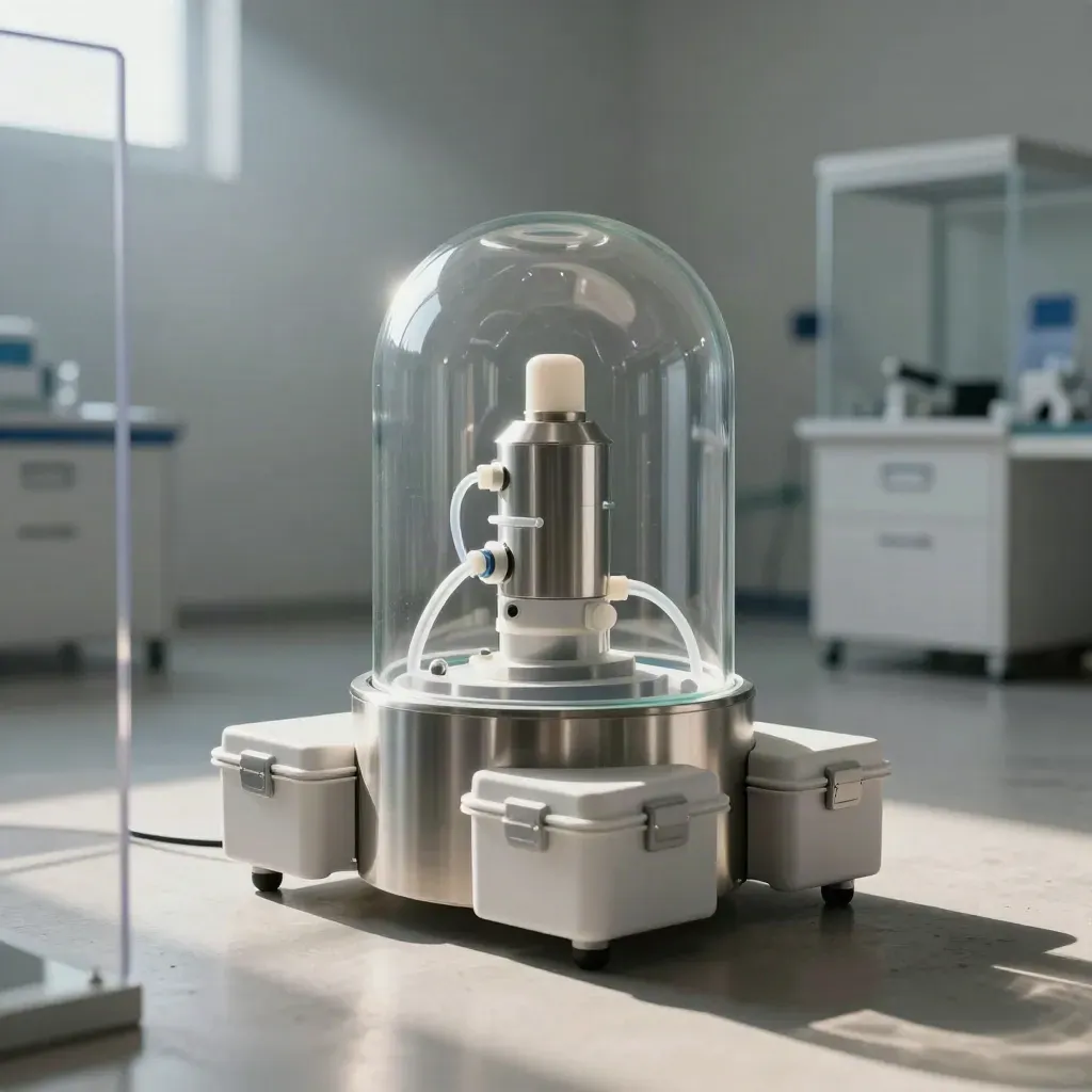 Steriele healthtech-opstelling met verlicht prototype, glazen koepel en verzegelde kratten.