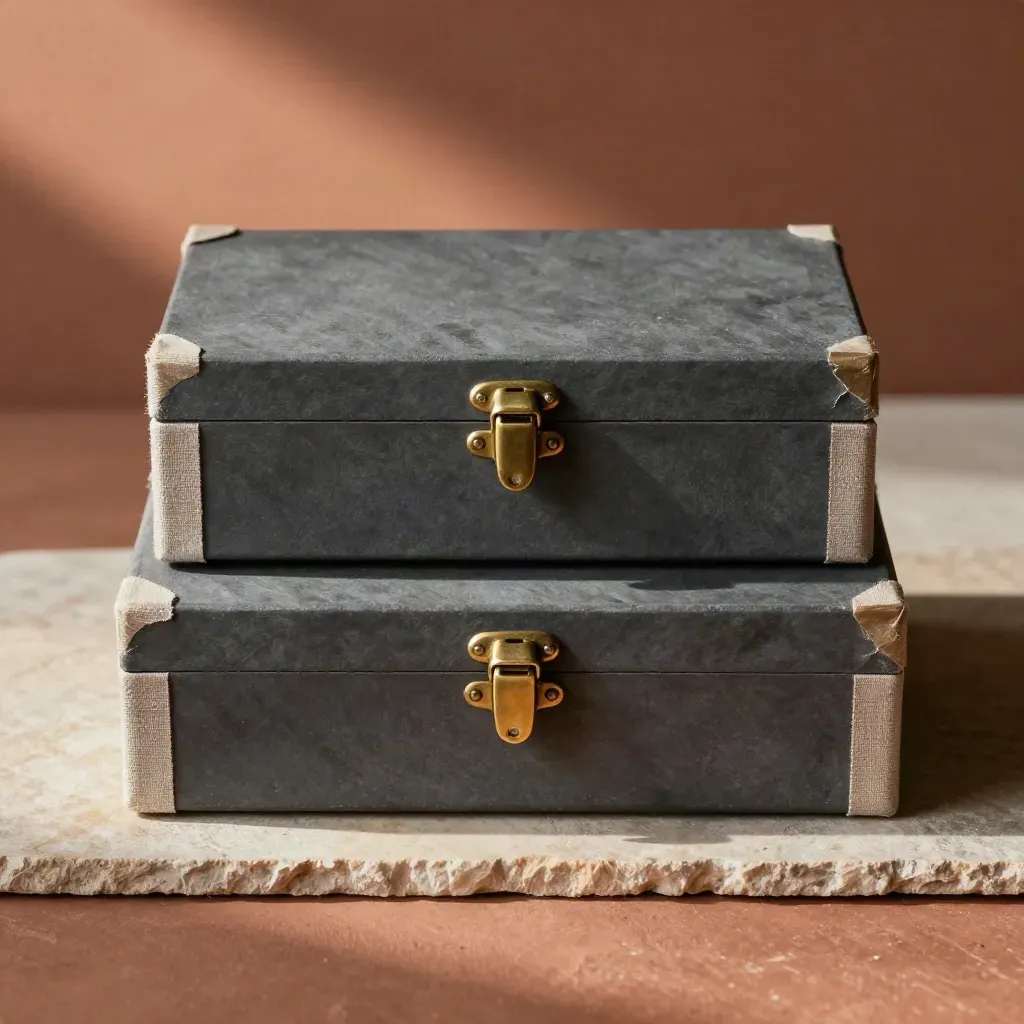 Archiefdozen, messing clip en donkere stenen volumes op terracotta plaat voor een M&A-stilleven.
