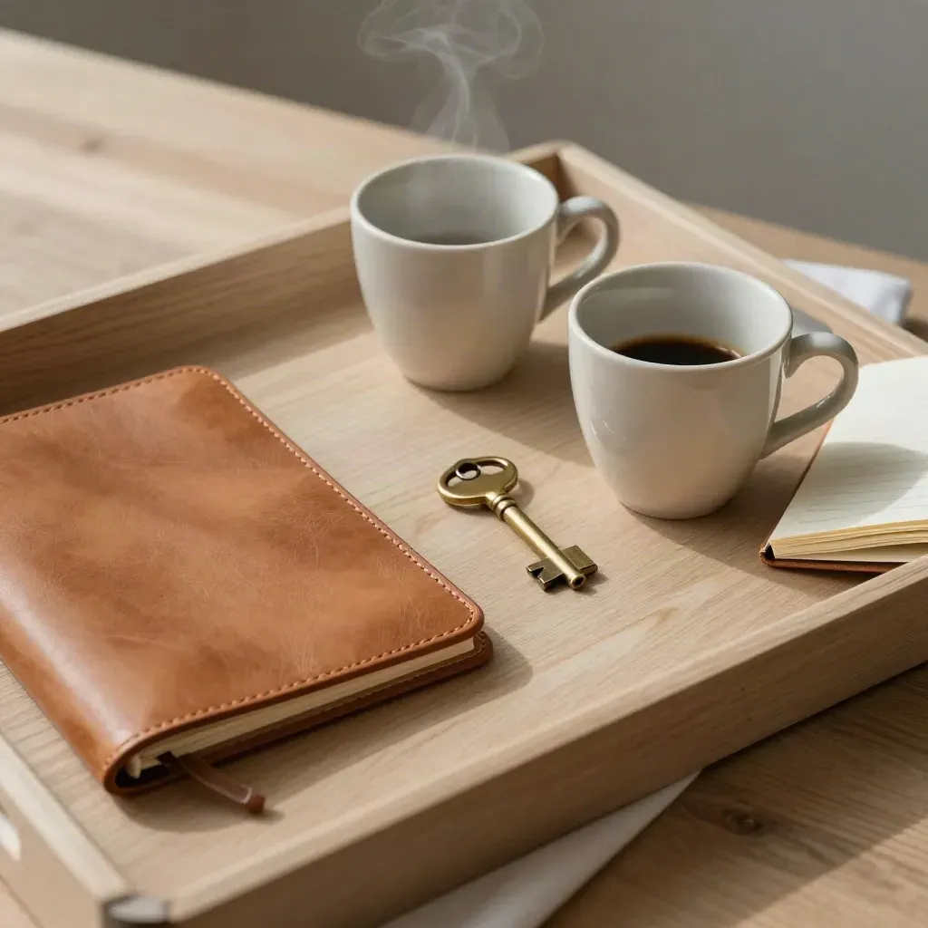 Twee espresso kopjes, een leren folio, een messing sleutel en een gevouwen notebook op licht hout.