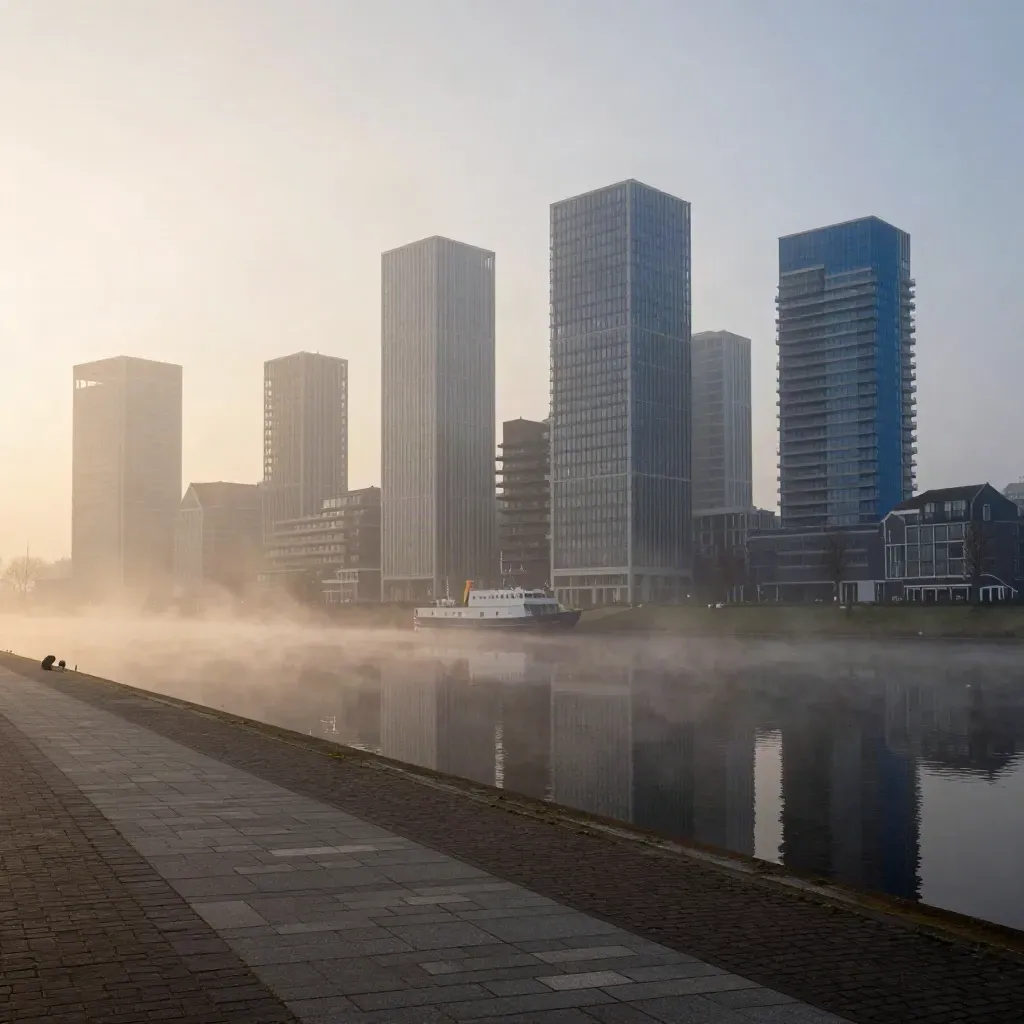 IJ-waterkant met mist, glanzende torens en rustig water in de ochtend