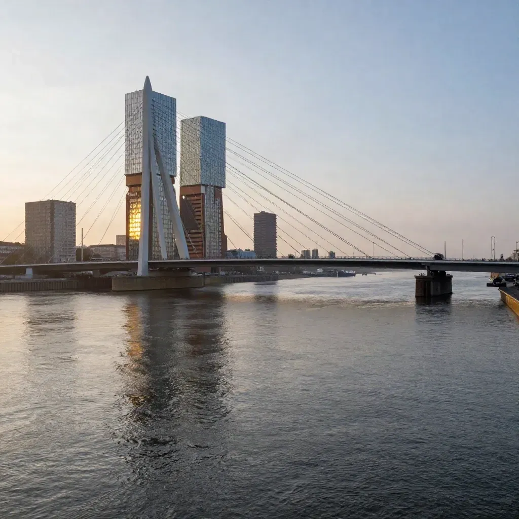 Rotterdamse skyline met de Erasmusbrug in gouden avondlucht boven kalm rivierwater